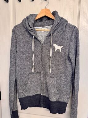 Retro Victoria's Secret Pink Heather Gray Zip-Up Hoodie with Dog Patch
